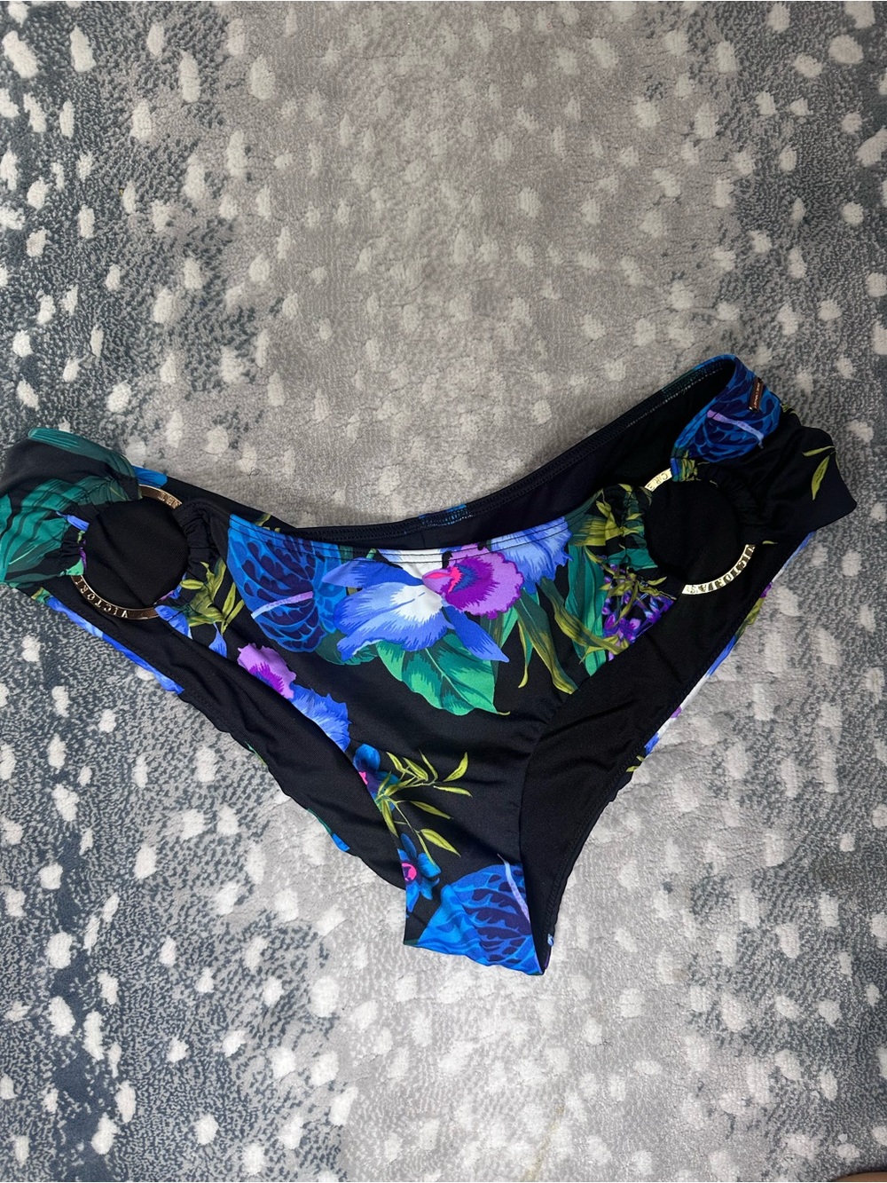 Victoria's Secret Black Floral Bikini Bottom with Blue & Purple Flowers - Picture 2 of 5